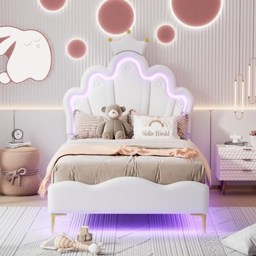 Kinderbett 90 x 200 cm für Mädchen, Gepolstert Prinzessinnenbett mit LED, Jugendbett mit Lattenrost, Einzelbett in Kronenform Kopfteil, PU, Ohne Matratze (weiß) von Lietre