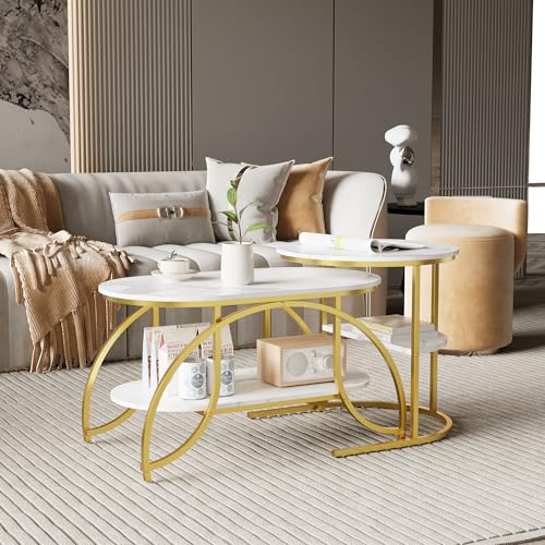 Lietre Couchtisch 2er Set, Hochglanz Couchtisch Rund Gold, Rund&Abgerundetes Quadrat, Moderne Satztisch, Marmor Optik Wohnzimmertisch Weiß (Goldene Tischbeine + weiße Platte) von Lietre