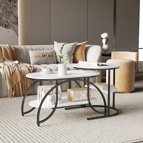 Lietre Couchtisch 2er Set, Hochglanz Couchtisch Rund Schwarze, Rund&Abgerundetes Quadrat, Moderne Satztisch, Marmor Optik Wohnzimmertisch Weiß (Schwarze Tischbeine + weiße Platte) von Lietre
