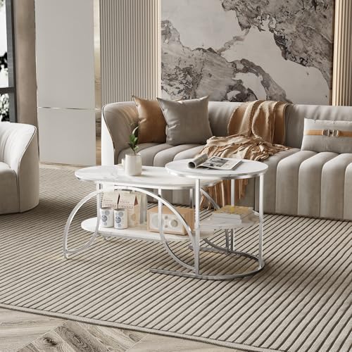 Lietre Couchtisch 2er Set, Hochglanz Couchtisch Rund Silberne, Rund&Abgerundetes Quadrat, Moderne Satztisch, Marmor Optik Wohnzimmertisch Weiß (Silberne Tischbeine + weiße Platte) von Lietre