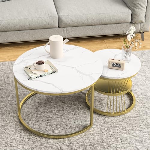 Lietre Couchtisch 2er Set, Wohnzimmertisch Rund mit Metallrahmen, Moderne satztische Kaffeetisch und Kleiner Tisch für Wohnzimmer Schlafzimmer, Büro (Gold) von Lietre