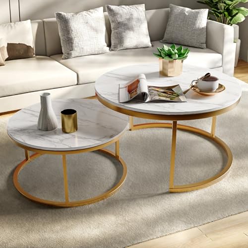 Lietre Couchtisch 2er Set Rund, Satztische Beistelltisch, Metallgestell, Moderner Sofatisch fürs Wohnzimmer (Gold) von Lietre