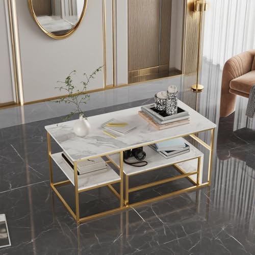 Lietre Couchtisch Rechteckig 2er Set 105X48.5cm mit Stauraum, Wohnzimmertisch Sofa Tische Moderner, Satztische, Eckig Metallgestell, Kaffetisch für Wohnzimmer (Goldene Tischbeine + weiße Platte) von Lietre