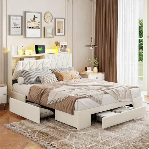 Polsterbett Stauraumbett 140X200 mit Schubladen, Doppelbett mit Stauraum-Kopfteil und LED und USB Ladefunktion, Funktionsbett Aufbewahrungsbett, Samt, Ohne Matratze(beige) von Lietre