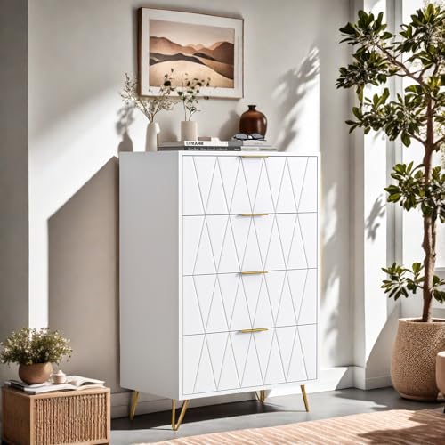 Lietre Kommode Weiß mit 4 Schubladen, Komodenschrank Schrank mit Schubladen, Sideboard Kommode Sideboard Wohnzimmer für Schlafzimmer Flur (Diamant, 4 Schubladen) von Lietre