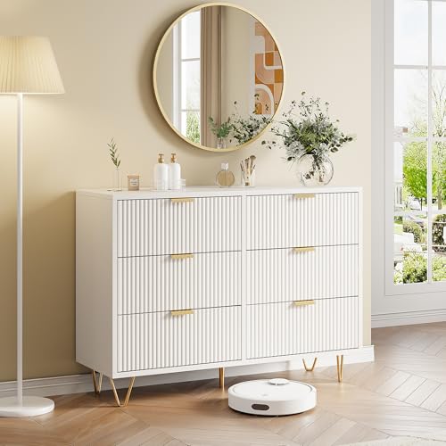 Lietre Kommode Weiß mit 6 Schubladen, Komodenschrank Schrank mit Schubladen, Sideboard Kommode Sideboard Wohnzimmer für Schlafzimmer Flur (Streifen, 6 Schubladen) von Lietre