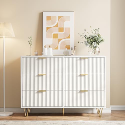 Lietre Kommode mit 6 Schubladen, weiß, vertikales Wellenmuster, großes Aufbewahrungsmöbel, Metallständer, moderne Kommode aus Holz, für Schlafzimmer, Flur, Eingangsbereich, Wohnzimmer (weiß, 6 Lietre Kommode mit 6 Schubladen, weiß, vertikales Wellenmuster, großes Aufbewahrungsmöbel, Metallständer, moderne Kommode aus Holz, für Schlafzimmer, Flur, Eingangsbereich, Wohnzimmer (weiß, 6 von Lietre