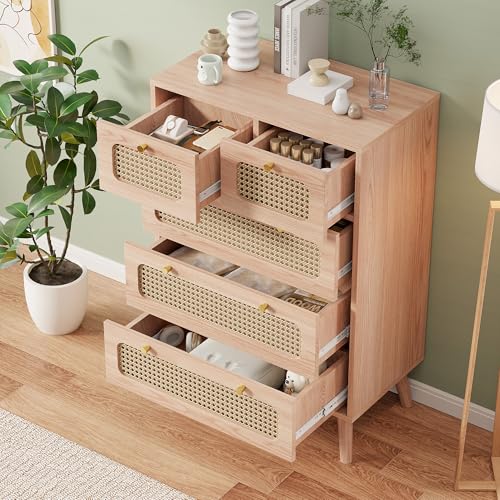 Lietre Rattan Kommode mit Schubladen, Schlafzimmer Schränke Sideboard Kommode, Kommodenschrank Schubladenschrank aus Holz für Wohnzimmer Flur (5 Schubladen) von Lietre
