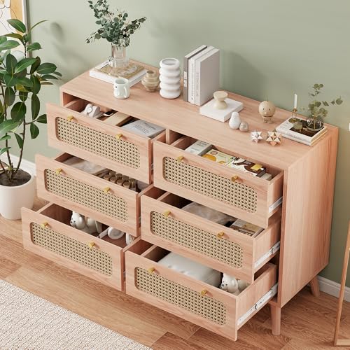 Lietre Rattan Kommode mit Schubladen, Schlafzimmer Schränke Sideboard Kommode, Kommodenschrank Schubladenschrank aus Holz für Wohnzimmer Flur (6 Schubladen) von Lietre