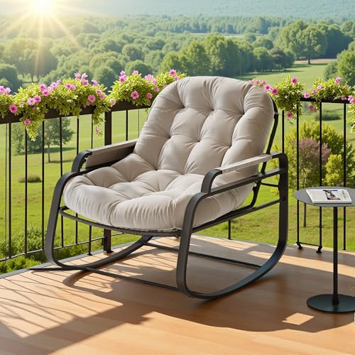 Lietre Rattan Schaukelstuhl für Drinnen & DraußEn mit Seitentaschen, GroßEr Schaukelstuhl aus Eiern mit Armlehnen und Klappbare Fußstütze, Relaxsessel Lesesessel mit Ablagefunktion (beige) von Lietre
