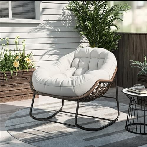 Lietre Schaukelstuhl Garten Outdoor Sessel, Rattansessel Schaukelsessel Gepolsterter Sessel Relaxsessel Loungesessel Outdoor Papasansessel für Innen- und Außenbereich (Beige) von Lietre