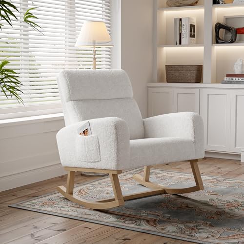 Lietre Schaukelstuhl mit Seitentasche, Teddy-Stoff Armlehnsessel mit Rückenlehne, Schwingsessel Relaxsessel mit Holzgestell für Wohnzimmer (weiß) von Lietre