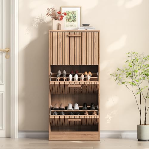 Lietre Schuhkipper mit 3 KlappKlappen, Schuhschrank mit Flip-Schubladen, Gestreifte Holztür mit Hohlraum, Großes Stauraum, Moderne Schuhkommode, Schuhregal für Wohnzimmer, Flu (Natur) von Lietre