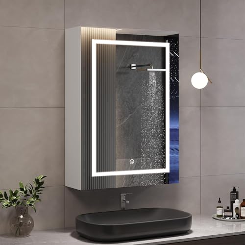 Lietre Spiegelschrank Bad mit Beleuchtung, 50 x 70 cm Einzeltür badezimmerspiegelschrank mit Spiegel und Verstellbares Regale, Led spiegelschrank, 3 Farbtemperatur Dimmbare, Berührung Sensorschalter von Lietre