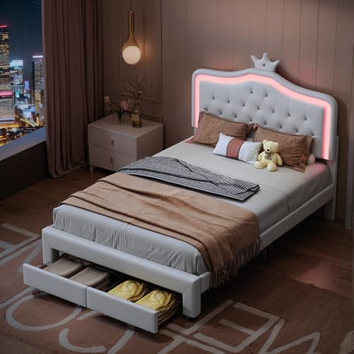Mädchen Bett 140x200 Einzelbett mit Schubladen, Kinderbett Polsterbett mit LED Beleuchtung, Kopfteil mit Krone, Jugendbett Stauraumbett Bettgestell mit Lattenrost, PU, Ohne Matratze (Weiß, 140x200) von Lietre