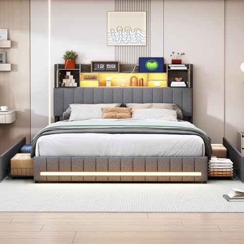 Polsterbett 140X200 mit Schubladen und Lichtleiste und USB, Doppelbett mit Stauraum Kopfteil, Stauraumbett mit Lattenrost, Jugendbett, Ohne Matratze (grau, 140x200) von Lietre