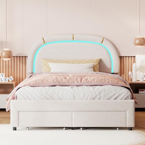 Polsterbett Einzelbett 140 x 200 cm mit LED Beleuchtung und 2 Schubladen, Mädchenbett Jugendbett mit Stauraum und Lattenboden, Kinderbett, verstellbares Kopfteil, Samt (Beige 1) von Lietre