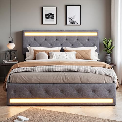 Polsterbett Jugendbett 180X200cm mit 4 Eisenschubladen und LED und USB, Doppelbett Gepolstert mit Verstellbares Kopfteil, Rückenlehne Bett mit Lattenrost aus Holz, Leinen (Dunkelgrau, 180X200) von Lietre