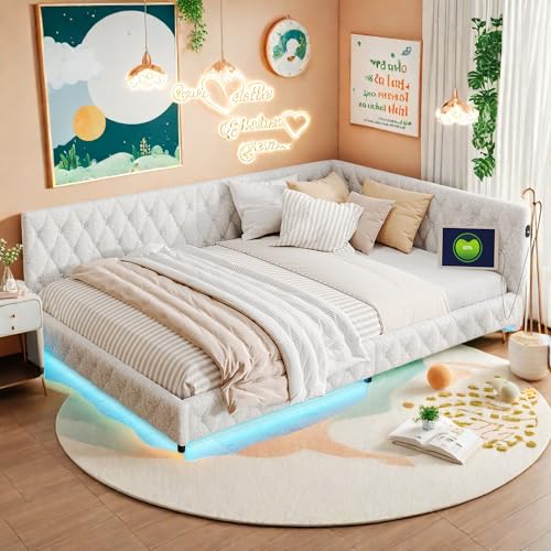 Polsterbett Schlafsofa 140x200, Schlafsofa Bett Daybett mit LED und USB Ladefunktion, Tagesbett L-Form mit Lattenrost, ohne Matratze, Teddystoff (Beige weiß) von Lietre