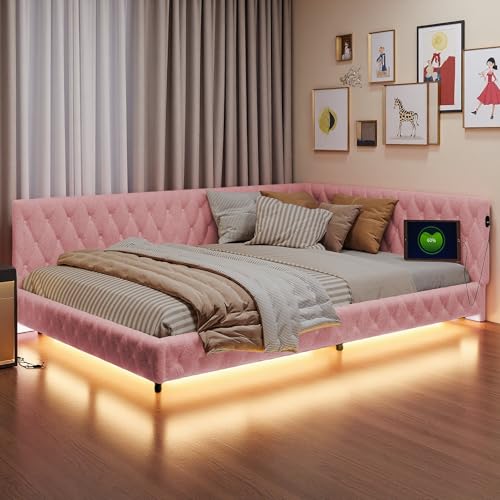 Polsterbett Schlafsofa 140x200, Schlafsofa Bett Daybett mit LED und USB Ladefunktion, Tagesbett L-Form mit Lattenrost, ohne Matratze, Teddystoff (Rosa) von Lietre