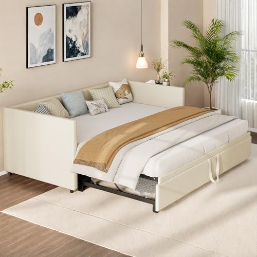 Polsterbett Schlafsofa Ausziehbar 90/180 x 200 cm, Einzelbett Daybed, Jugendbett Schlafsofa mit Lattenrost, Schlafcouch Ausziehbett Gleiche Höhe Bett, Samt, Ohne Matratze (Beige) von Lietre