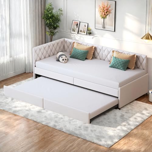 Polsterbett Schlafsofa Ausziehbar 90/180 x 200 cm, Einzelbett Daybed, Jugendbett Schlafsofa mit Lattenrost, Schlafcouch Ausziehbett Gleiche Höhe Bett, Samt, Ohne Matratze (Beige-A) von Lietre