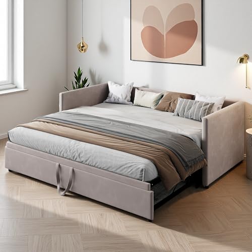 Polsterbett Schlafsofa Ausziehbar 90/180 x 200 cm, Einzelbett Daybed, Jugendbett Schlafsofa mit Lattenrost, Schlafcouch Ausziehbett Gleiche Höhe Bett, Samt, Ohne Matratze (Grau) von Lietre