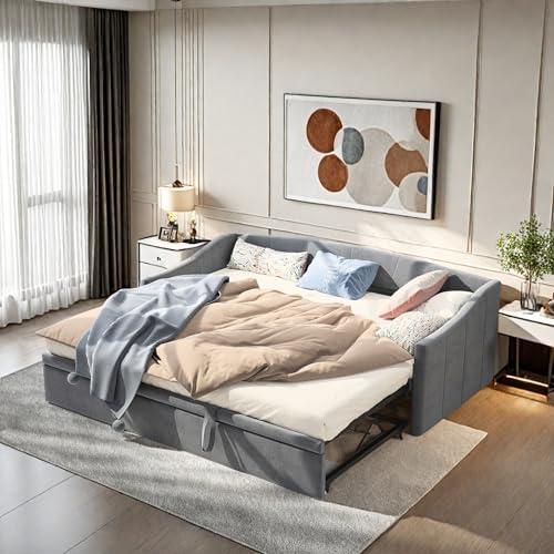 Polsterbett Schlafsofa Ausziehbar 90/180 x 200 cm, Einzelbett Daybed, Jugendbett Schlafsofa mit Lattenrost, Schlafcouch Ausziehbett Gleiche Höhe Bett, Samt, Ohne Matratze (Grau-A) von Lietre