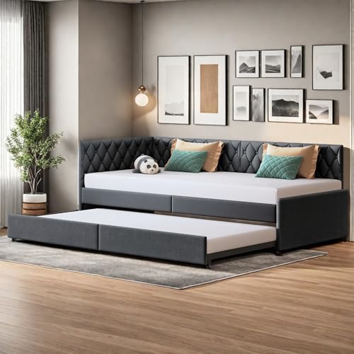 Polsterbett Schlafsofa Ausziehbar 90/180 x 200 cm, Einzelbett Daybed, Jugendbett Schlafsofa mit Lattenrost, Schlafcouch Ausziehbett Gleiche Höhe Bett, Samt, Ohne Matratze (Grau-B) von Lietre