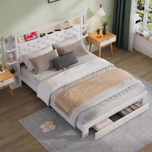 Polsterbett Stauraumbett 140X200 mit LED und USB, Doppelbett Kopfteil mit Mehreren Offenen Staufächern, Fußteil mit Schubladen, Jugendbett Bettgestell mit Lattenrost, Samt (Weiß, 140X200) von Lietre
