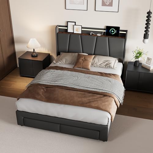 Polsterbett mit 2 Schubladen, 160 x 200 cm, Doppelbett mit LED und USB und Aufbewahrung, modern, hydraulisch, Leinen, ohne Matratzen (160 x 200 cm) von Lietre