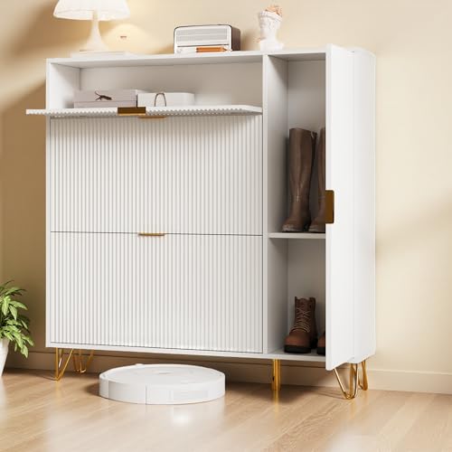 Schuhschrank aus Holz mit 3 Klappen und Fächern, Schuhregal, Kippschutz, Schuhschrank, weiß, für Eingang, Flur, Eingangsbereich (Weiß, 110 cm x 24 cm x 114,5 cm) von Lietre
