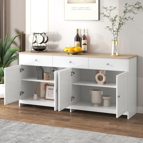 Sideboard Weiß, Küchenschrank mit 3 Schubladen und 4 Türen, Buffetschrank mit Arbeitsplatte, Standschrank 160cm Lange für Wohnzimmer Eingangsbereich Flur (Weiß) von Lietre