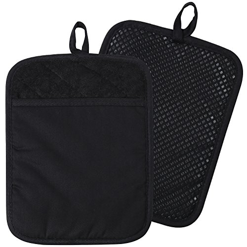 Lifaith 100% Baumwolle mit Silikon Kitchen Everyday Basic Topflappen Hitzebest?ndiger Untersetzer Topflappen Ofenhandschuhe mit Tasche zum Kochen und Backen 2er Set Schwarz von Lifaith