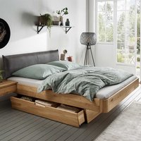 Bett mit Schublade aus Wildeiche Massivholz Kopfteil gepolstert von Life Meubles
