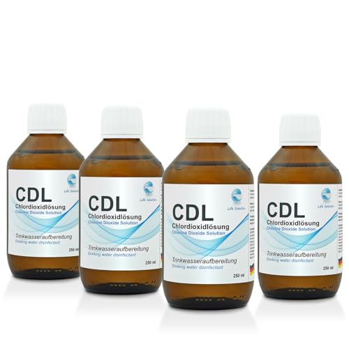 Life Solution - Chlordioxid Lösung 0,3% - CDs - CDL - 4X 250 ml (3 + 1 Gratis) - Trinkwasserdesinfektion - Wasseraufbereitung - Chlorine Dioxide Solution + Anleitung & Pipette von Life Solution
