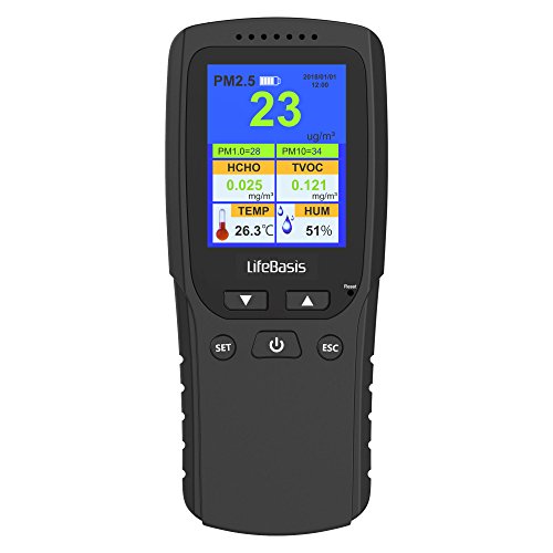 LifeBasis Formaldehyde messgerät Hydrometer Feuchtigkeit Temperatur Luftfeuchtigkeitsmesser Feinstaubmessgerät Digitales Detektor HCHO PM2.5 PM1.0 PM10 TVOC TEMP AQI Tester Thermo Hygrometer MEHRWEG von LifeBasis