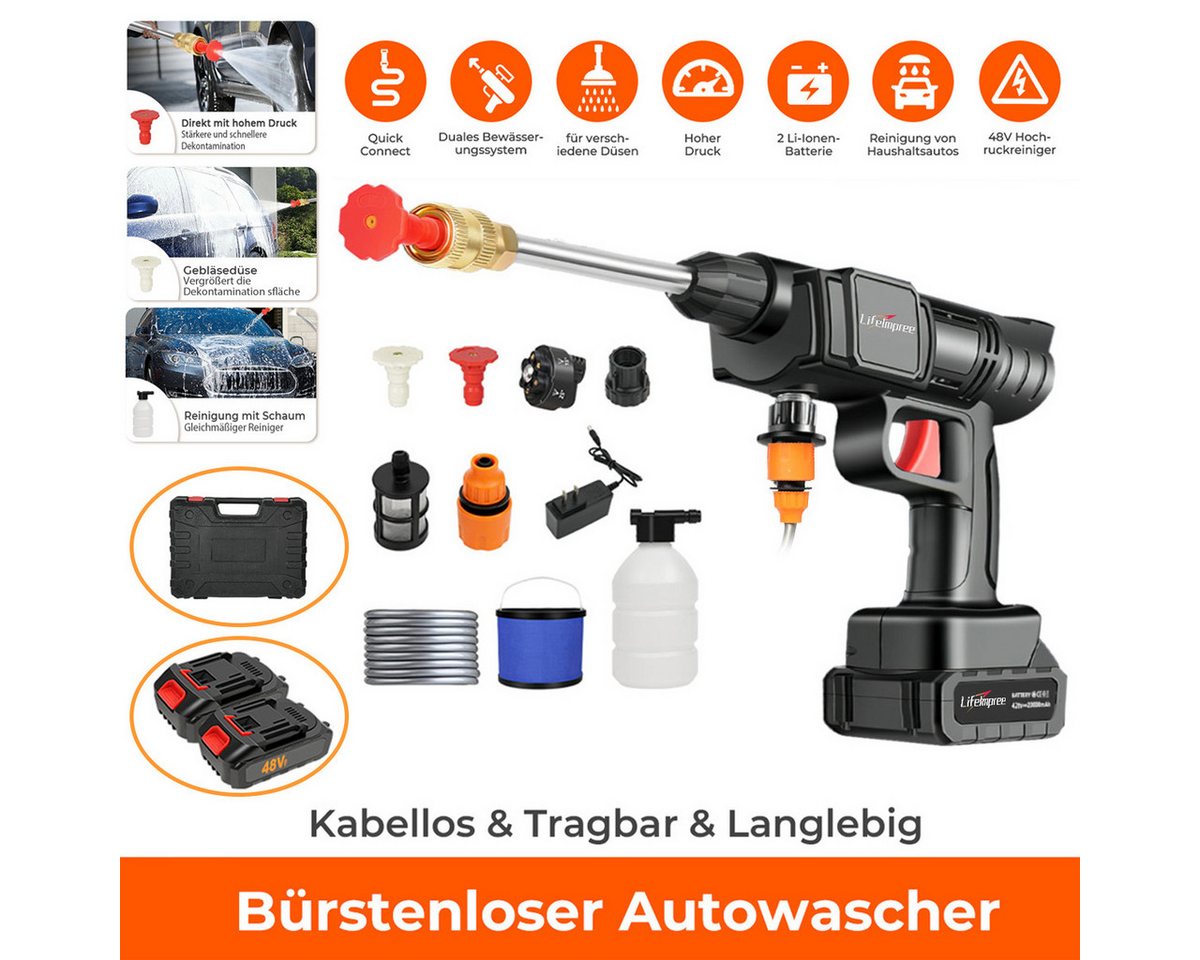 LifeImpree Akku-Hochdruckreiniger Hochdruckreiniger mit Zwei 48V 12Ah Akku, 300W Leistung, drei Düsen, Druck max: 35 bar, Fördermenge max: 300 l/h, Mit Wasserschlauch, Kunststoffbox, 6-in-1-Sprühkopf, faltbaren Eimer LifeImpree Akku-Hochdruckreiniger Hochdruckreiniger mit Zwei 48V 12Ah Akku, 300W Leistung, drei Düsen, Druck max: 35 bar, Fördermenge max: 300 l/h, Mit Wasserschlauch, Kunststoffbox, 6-in-1-Sprühkopf, faltbaren Eimer von LifeImpree