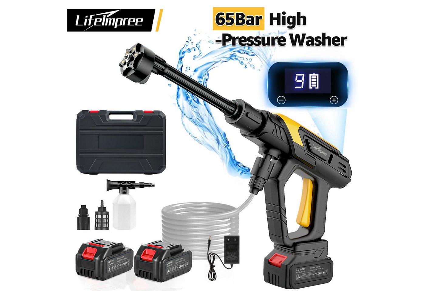 LifeImpree Hochdruckreiniger Akku Hochdruckreiniger mit 9-stufigem Touch-Modus, 2×3,0-Ah-Akkus, Druck max: 65 bar, 200 W, Fördermenge max: 300 l/h, 6-in-1 Düse & Schaumsprüher, 5 m PVC-Faser Schlauch für Auto & Garten LifeImpree Hochdruckreiniger Akku Hochdruckreiniger mit 9-stufigem Touch-Modus, 2×3,0-Ah-Akkus, Druck max: 65 bar, 200 W, Fördermenge max: 300 l/h, 6-in-1 Düse & Schaumsprüher, 5 m PVC-Faser Schlauch für Auto & Garten von LifeImpree