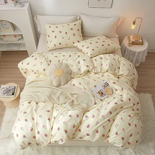 LifeTB Niedlicher Erdbeer-Bettbezug Twin XL Weiche Baumwolle Kawaii Erdbeere Bettwäsche-Sets Kinder Mädchen Schlafzimmer Dekor Frische Kleine Erdbeere Tröster Bezug 3-teiliges Bettset Twin XL von LifeTB