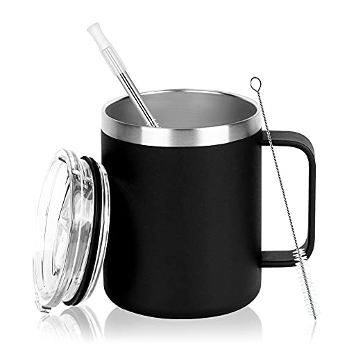 Lifecapido Edelstahl Kaffeebecher, 12oz Isolierte Kaffeetasse Tasse mit Griff, Doppelwandige Vakuum Kaffeetasse mit Deckel, Camping Reisebecher, Thermo-Kaffeetasse für Heiß- und Kaltgetränke (Schwarz) von Lifecapido