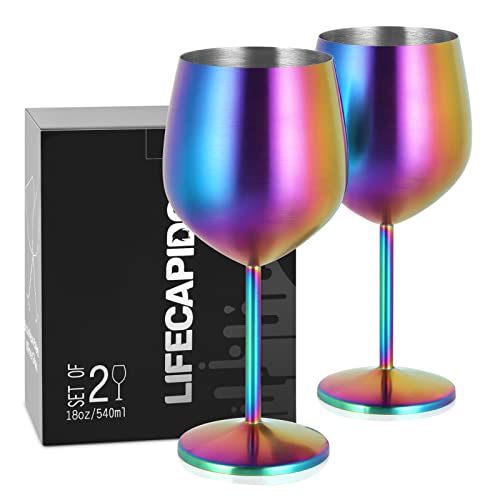 Lifecapido Edelstahl-Weingläser, 2er-Set, 510 ml, bunte Edelstahl-Weinkelche, Stiel-Metall-Weingläser mit Tassenbürste für Party, Büro, Hochzeit, Jahrestag, ideal für Rot-Weißwein von Lifecapido