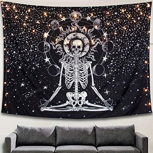 Lifeel Totenkopf-Tapisserie Meditation Skelett Chakra Sternenhimmel Schwarz und Weiß Yoga Wandbehang Heimdekor für Zimmer schwarz 152,4 x 203,2 cm von Lifeel