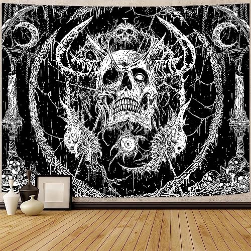 Lifeella Totenkopf-Wandteppich, Gothic-Horror-Mond-Skelett, mystisch, dunkler Wandteppich für Schlafzimmer, Grunge, Wandbehang, Schwarz und Weiß (schwarz, 112,5 x 150 cm)) von Lifeella