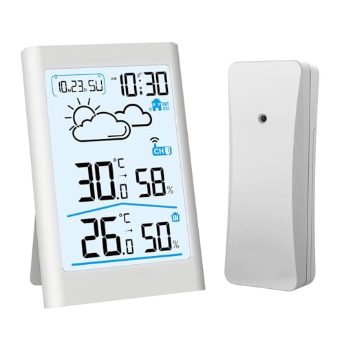 Wetterstation für den Innenbereich, kabellos, Wetterstation mit Sensor, Wettervorhersage, LCD-Display, Hintergrundbeleuchtung, Barometer, Zeit, Datum, Alarm und Snooze (weiß ohne Batterie) von Lifellery