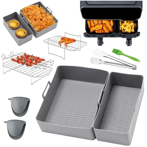 Lifemaison 8PCS Airfryer Zubehör für Tefal EY9018 5,2/3,1 L,Cecotec Cecofry DuoSize 9 L 5,5/3,5 L,Salter EK5729,Zwei Größen Dual Schubladen,Doppel Accessories mit Silikonform für Heißluftfritteuse von Lifemaison