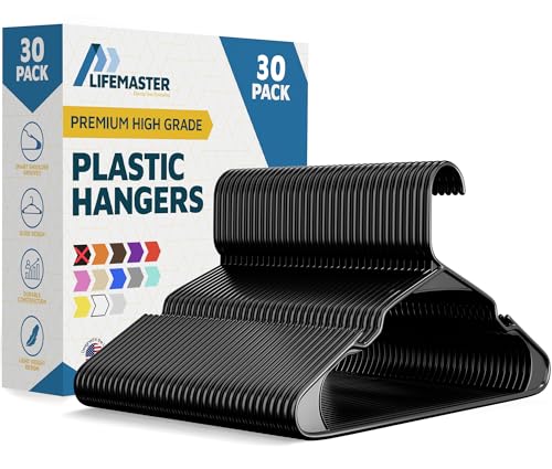 LifeMaster 30-teiliges schwarzes Kunststoff-Kleiderbügel-Set – leicht, langlebig, intelligente Schulterrillen, platzsparend, rutschfest, Schrank-Organisationsset von Lifemaster