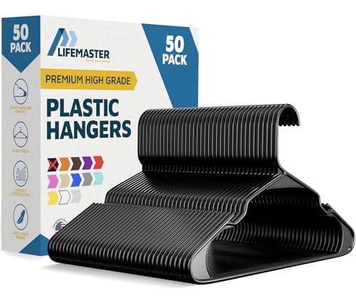 Lifemaster Kleiderbügel aus Kunststoff, 50 Stück, vielseitig, leicht, platzsparend, rutschfest, schlankes Design, trockene und nasse Kleiderbügel Set – Schwarz von Lifemaster