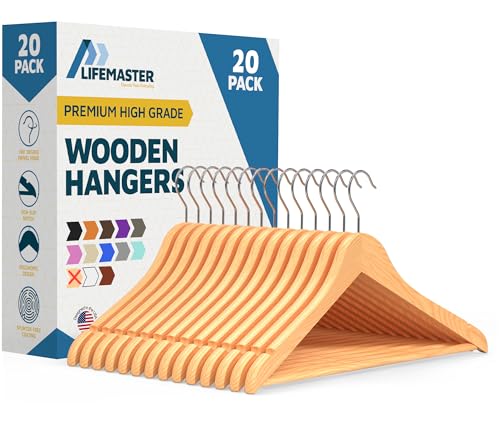 Lifemaster Robuste, langlebige Kleiderbügel aus massivem Ahornholz, 20 Stück, Naturholz-Kleiderbügel mit drehbaren Drehhaken und integrierten Kerben, um Jacken, Hemden und Hosen zu organisieren von Lifemaster