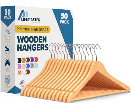 Lifemaster Robuste, langlebige Kleiderbügel aus massivem Ahornholz, 50 Stück, Naturholz-Kleiderbügel mit drehbaren Drehhaken und integrierten Kerben, um Jacken, Hemden und Hosen zu organisieren von Lifemaster